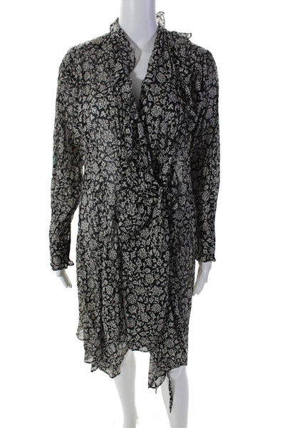 Isabel Marant Womens Black Floral Ruffle V-neck Long Sleeve Wrap Dress Size 36