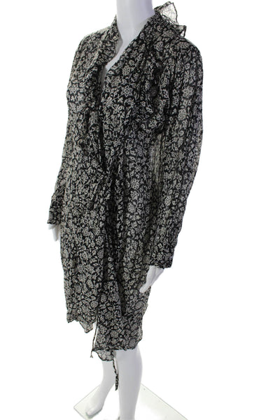 Isabel Marant Womens Black Floral Ruffle V-neck Long Sleeve Wrap Dress Size 36