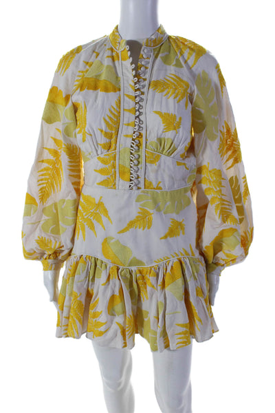 Acler Womens Yellow Floral Crew Neck Puff Long Sleeve Shift Dress Size 2