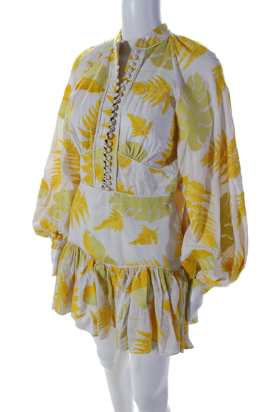 Acler Womens Yellow Floral Crew Neck Puff Long Sleeve Shift Dress Size 2