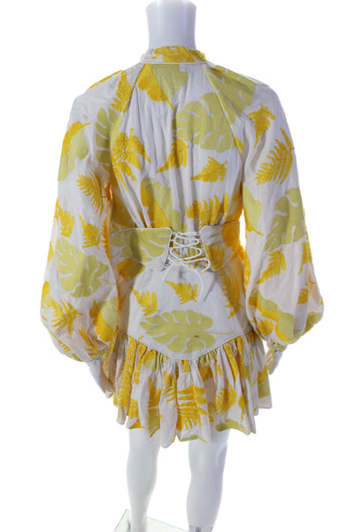 Acler Womens Yellow Floral Crew Neck Puff Long Sleeve Shift Dress Size 2