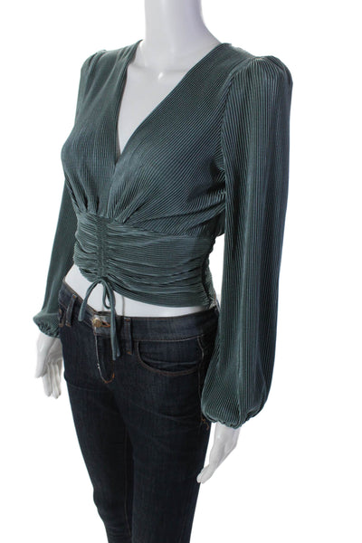 ASTR The Label Women's V-Neck Long Sleeves Ribbed Cinch Blouse Green Size XS