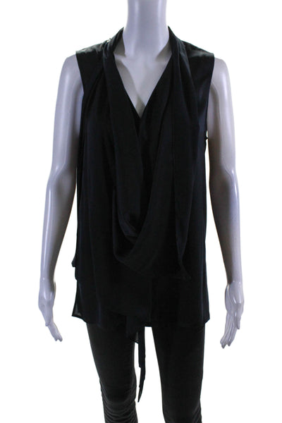 DKNYC Womens Button Front Sleeveless Draped Satin Blouse Black Size Small