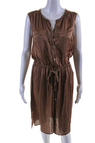 Zara Womens Button Front Sleeveless V Neck Satin Dress Brown Size Medium