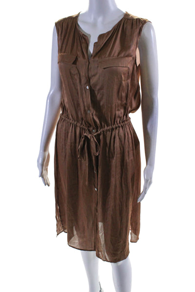 Zara Womens Button Front Sleeveless V Neck Satin Dress Brown Size Medium