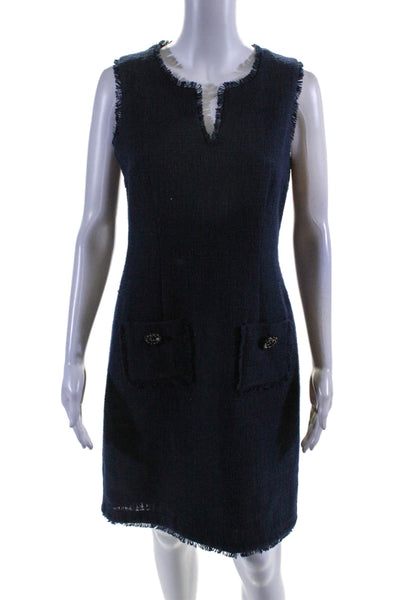 Karl Lagerfeld Womens Back Zip Fringe Trim Knit V Neck Sheath Dress Blue Size 4