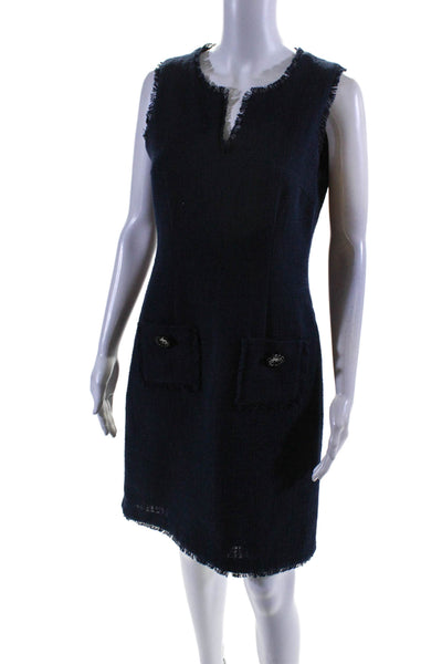 Karl Lagerfeld Womens Back Zip Fringe Trim Knit V Neck Sheath Dress Blue Size 4