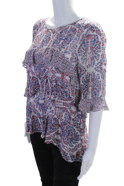 Rebecca Taylor Womens Short Sleeve Scoop Neck Silk Floral Top White Blue Red 8