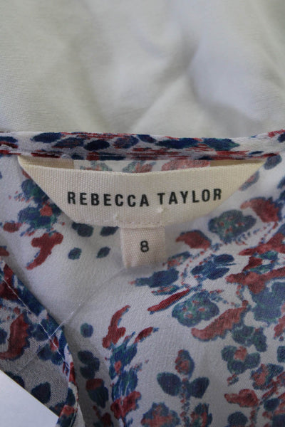 Rebecca Taylor Womens Short Sleeve Scoop Neck Silk Floral Top White Blue Red 8