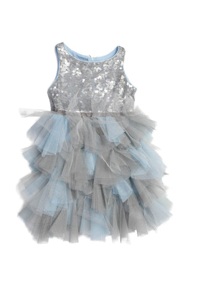 Biscotti Girls Gray Blue Color Block Sequins Tulle Sleeveless Gown Dress Size 5