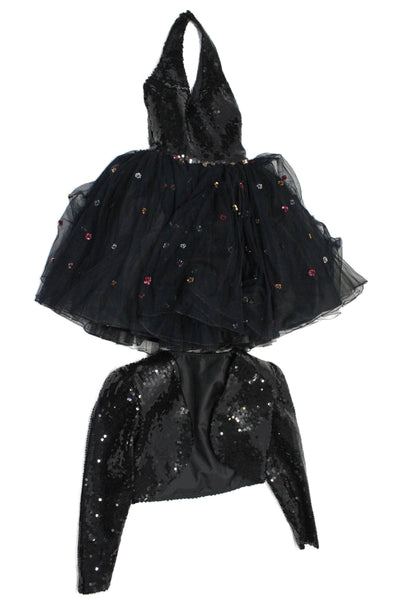 Rose Taft Girls Black Sequins Floral Open Back Tulle Gown Dress Bolero Set Size4