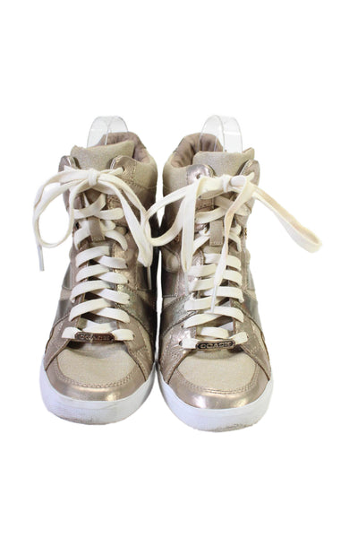 Coach Womens Leather Metallic Lace Up Wedge Sneakers Gold Size 9