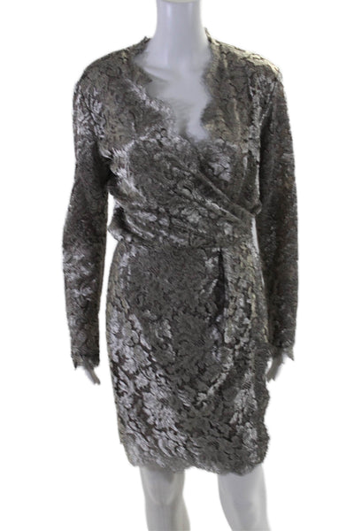 Calvin Klein Womens Jacquard Metallic Long Sleeve Wrap Dress Silver Size 8US