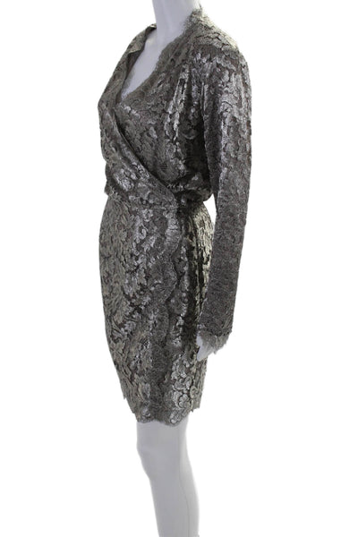 Calvin Klein Womens Jacquard Metallic Long Sleeve Wrap Dress Silver Size 8US