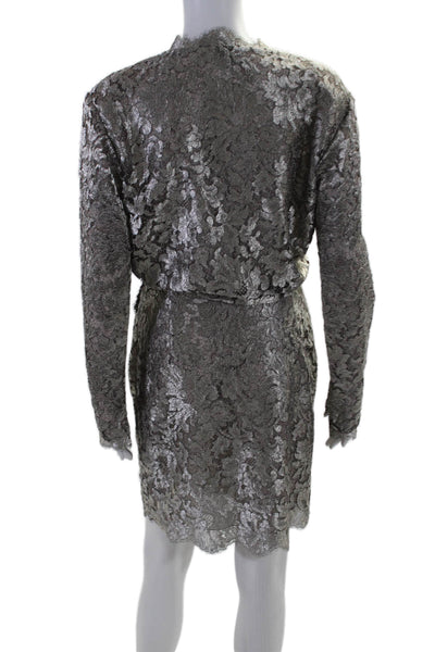 Calvin Klein Womens Jacquard Metallic Long Sleeve Wrap Dress Silver Size 8US