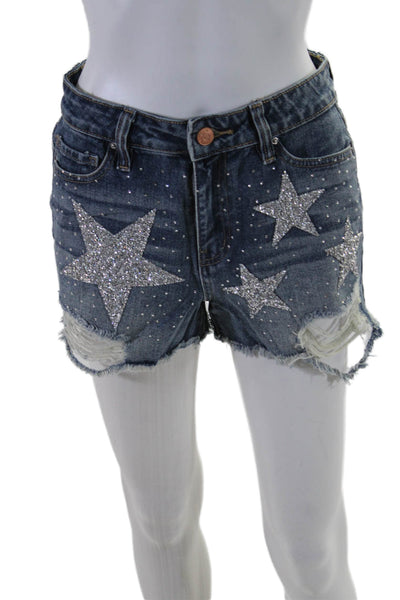 Judith March Womens Distressed Star Print Five Pocket Denim Shorts Blue Size 27