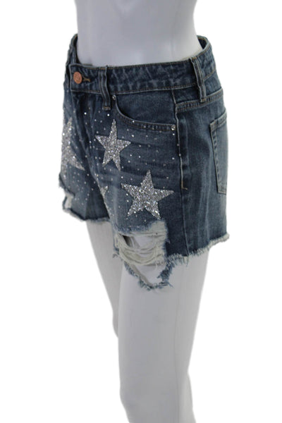 Judith March Womens Distressed Star Print Five Pocket Denim Shorts Blue Size 27