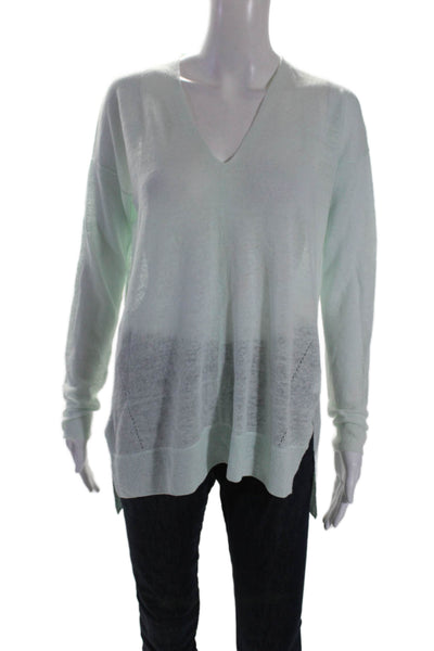 Vince Womens Linen V-Neck Long Sleeve Pullover Knit Top Light Blue Size S