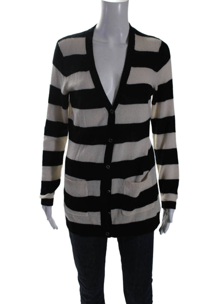 Magaschoni Womens Cashmere Striped V-Neck Longline Cardigan Sweater Cream Size S