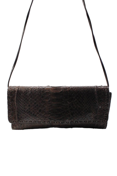 Fatto a Mano By Carlos Falchi Womens Brown Snakeskin Embossed Clutch Handbag