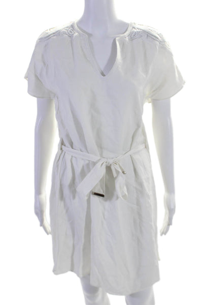 Escada Sport Womens Short Sleeve Embroidered Trim V Neck Dress White Size FR 36