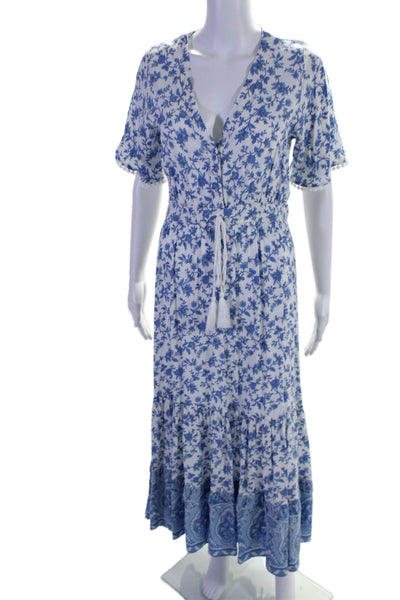 R. Vivimos Womens Short Sleeve V Neck Eyelet Floral Maxi Dress White Blue 4-6