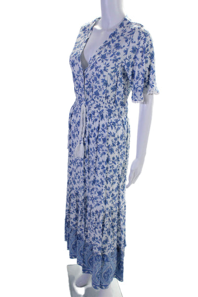 R. Vivimos Womens Short Sleeve V Neck Eyelet Floral Maxi Dress White Blue 4-6