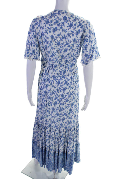 R. Vivimos Womens Short Sleeve V Neck Eyelet Floral Maxi Dress White Blue 4-6