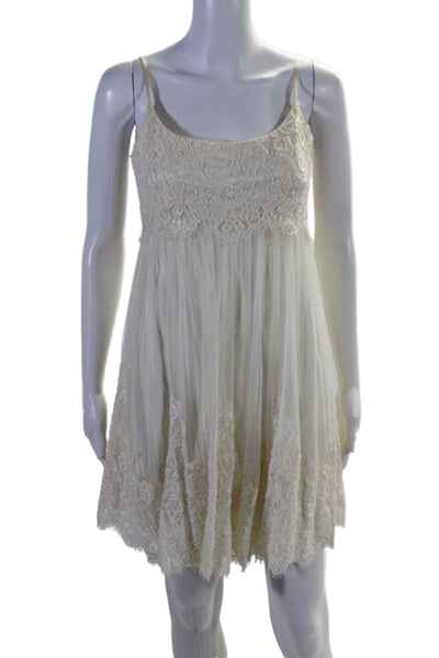 Carmen Marc Valvo Womens Sleeveless Scoop Neck Beaded Lace Dress White Size 2