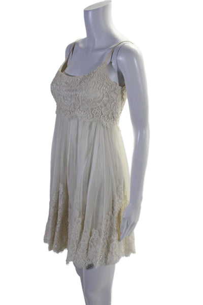 Carmen Marc Valvo Womens Sleeveless Scoop Neck Beaded Lace Dress White Size 2