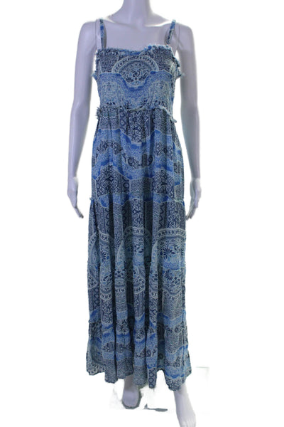 Free People Womens Sleeveless Smocked Abstract Print Maxi Dress Blue Size L