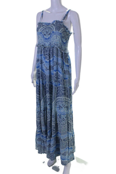 Free People Womens Sleeveless Smocked Abstract Print Maxi Dress Blue Size L