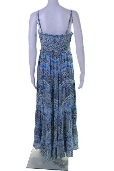 Free People Womens Sleeveless Smocked Abstract Print Maxi Dress Blue Size L