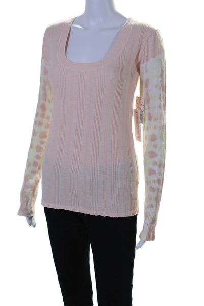 We The Free Womens Cotton Long Sleeve Toe Dye Print Scoop Neck Top Pink Size M