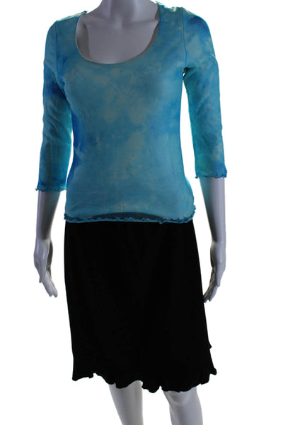 Bloomingdales & Tahari Womens Blue Tie Dye Lettuce Edge Blouse Skirt Set SizeM 8