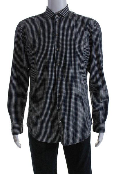 Armani Collezioni Mens Long Sleeve Check Print Button Down Shirt Black Medium