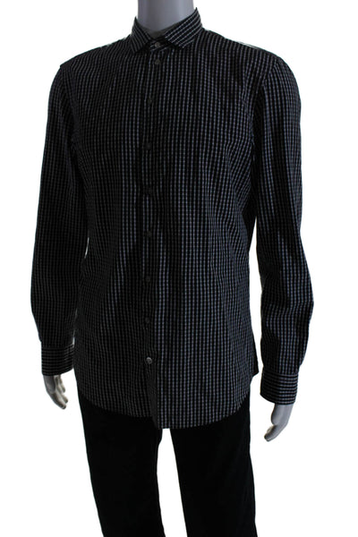 Armani Collezioni Mens Long Sleeve Check Print Button Down Shirt Black Medium