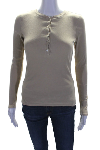 Nili Lotan Womens Cotton Long Sleeve Half Button Basic Knit Top Beige Size XS