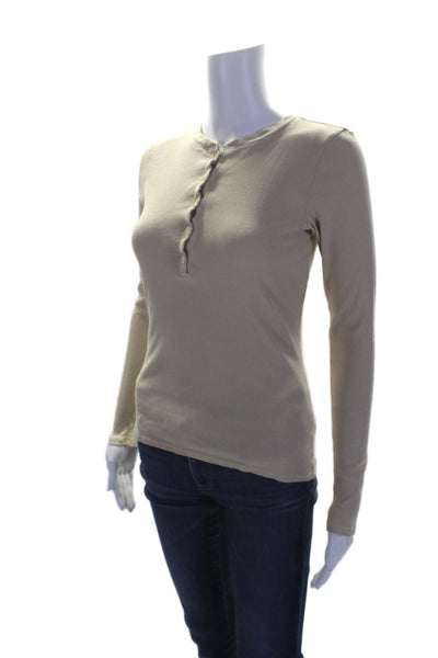 Nili Lotan Womens Cotton Long Sleeve Half Button Basic Knit Top Beige Size XS