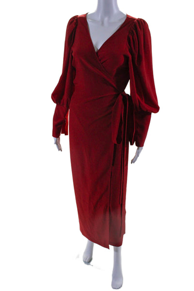 Rhode Womens Long Bishop Sleeves V Neck Full Length Wrap Dress Red Size Medium