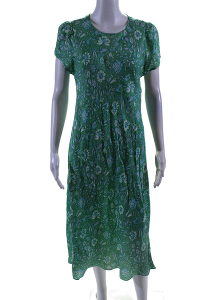 J Crew Womens Floral Print Short Sleeves A Line Maxi Dress Green Blue Size 10