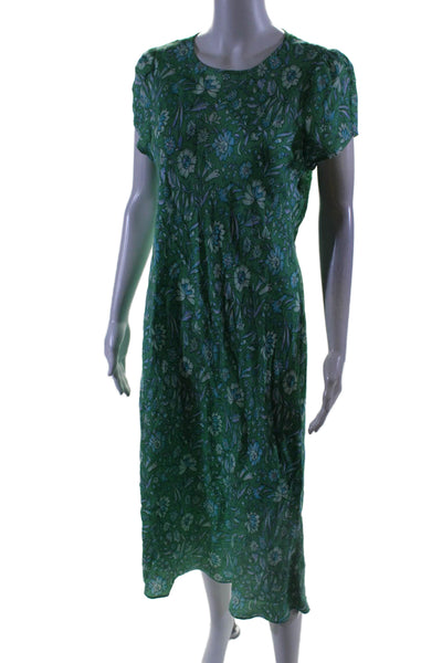 J Crew Womens Floral Print Short Sleeves A Line Maxi Dress Green Blue Size 10