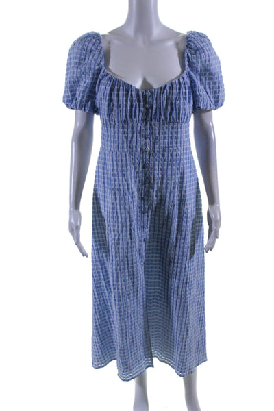 En Saison Womens Plaid Puffy Short Sleeves A Line Dress Blue Cotton Size Medium