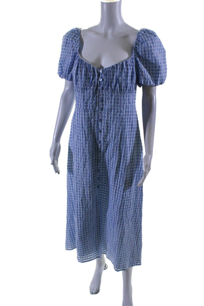 En Saison Womens Plaid Puffy Short Sleeves A Line Dress Blue Cotton Size Medium