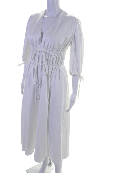 Altuzarra Womens Cotton Long Sleeve Ruched Waist Tie Front Long Dress White Size