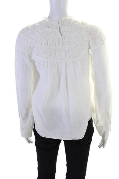 Rebecca Taylor Womens Cotton Long Sleeve Smocked Ruffle Trim Blouse White Size 0