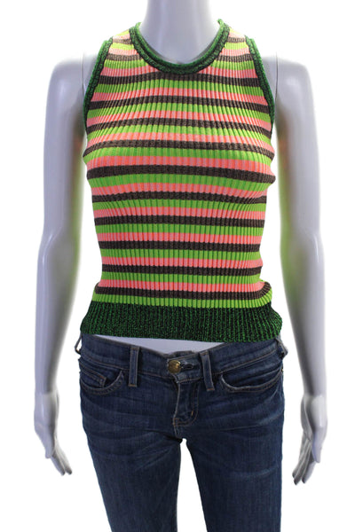 AGR Womens Slim Fit Ribbed Knit Striped Tank Top Green Pink Size S