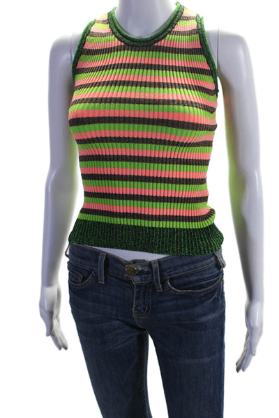 AGR Womens Slim Fit Ribbed Knit Striped Tank Top Green Pink Size S