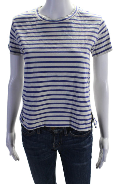 AMO Womens Cotton Short Sleeve Striped Crewneck T Shirt Blue White Size S