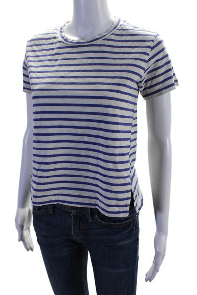 AMO Womens Cotton Short Sleeve Striped Crewneck T Shirt Blue White Size S